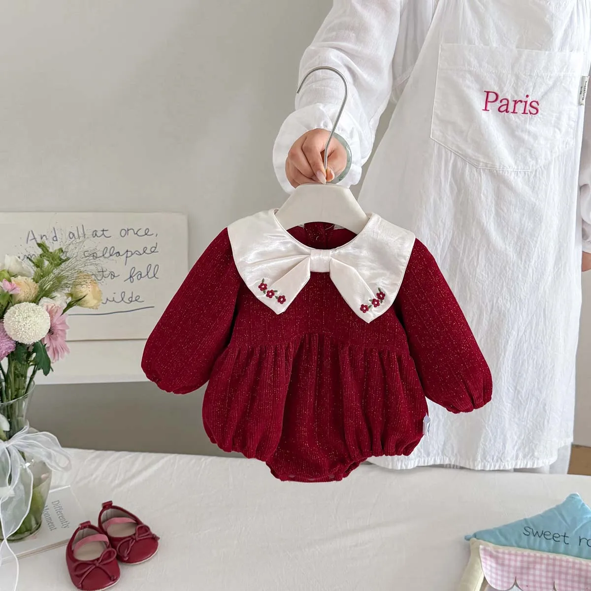 Baby Girl's Burgundy Large Bow Lapel Triangle Romper, Spring and Autumn Long-Sleeve Floral Embroidery Jumpsuit, Newborn Princess Style Baby Photo Shoot Romper
