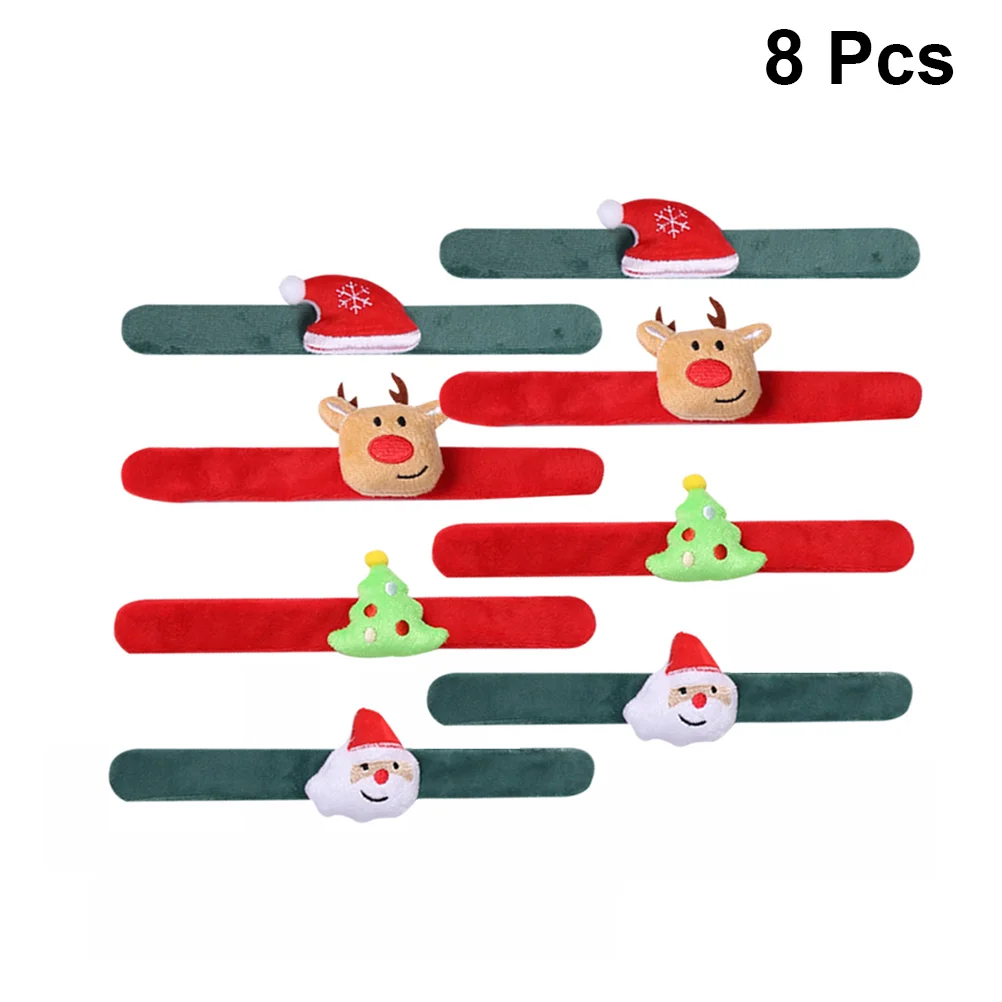 8pcs Plush Christmas Snap Bracelet Santa Hat Snowman Design Wristband Patting Hand Band Elk Slap Bracelet Party Favor Funny Gift