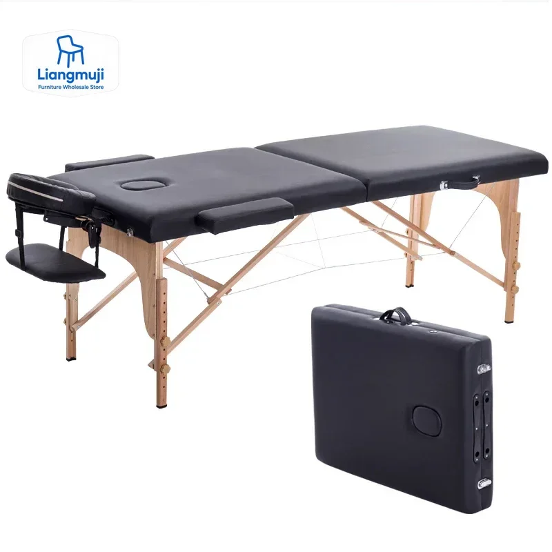 Massage Table Portable 2 Section Folding Couch Bed Lightweight Beauty Salon Tattoo Therapy Wooden Frame  70 cm width -Black