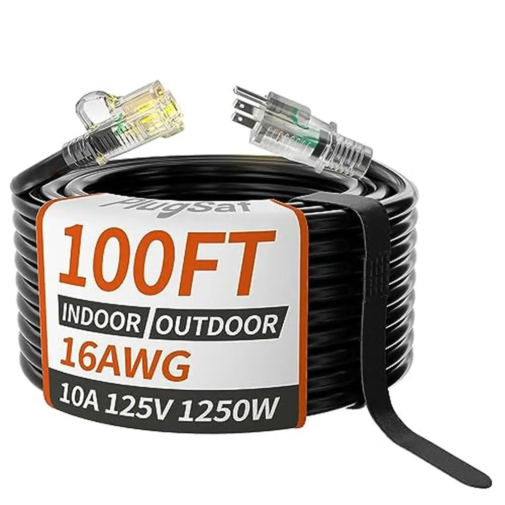 100 ft Black Outdoor Extension Cord Weatherproof Flexible 3 Prong Indicator Safe Multipurpose Long Power Socket 16 Gauge IP65