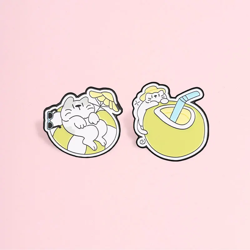 Cartoon Summer Vacation Cat Brooch Swimming Ring Umbrella Coconut Drink Lazy Kitten Alloy Badges Pins for DIY Bags Hat Clothes