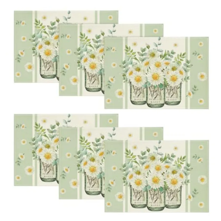 

Eucalyptus Leaves Daisy Vase Spring Placemats Set of 6, 12x18 Inch Seasonal Summer Table Mats for Party Kitchen Dining Decorati