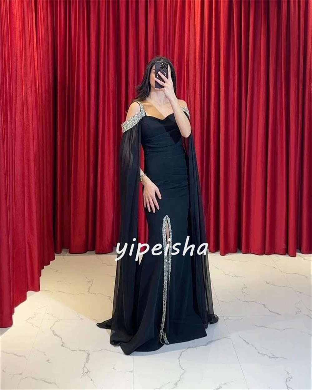 Sparkle Sexy Jersey Sequined Pleat Ruched Draped Mermaid Off-the-shoulder Long Dresses Prom Dresses Modern Style High Quality