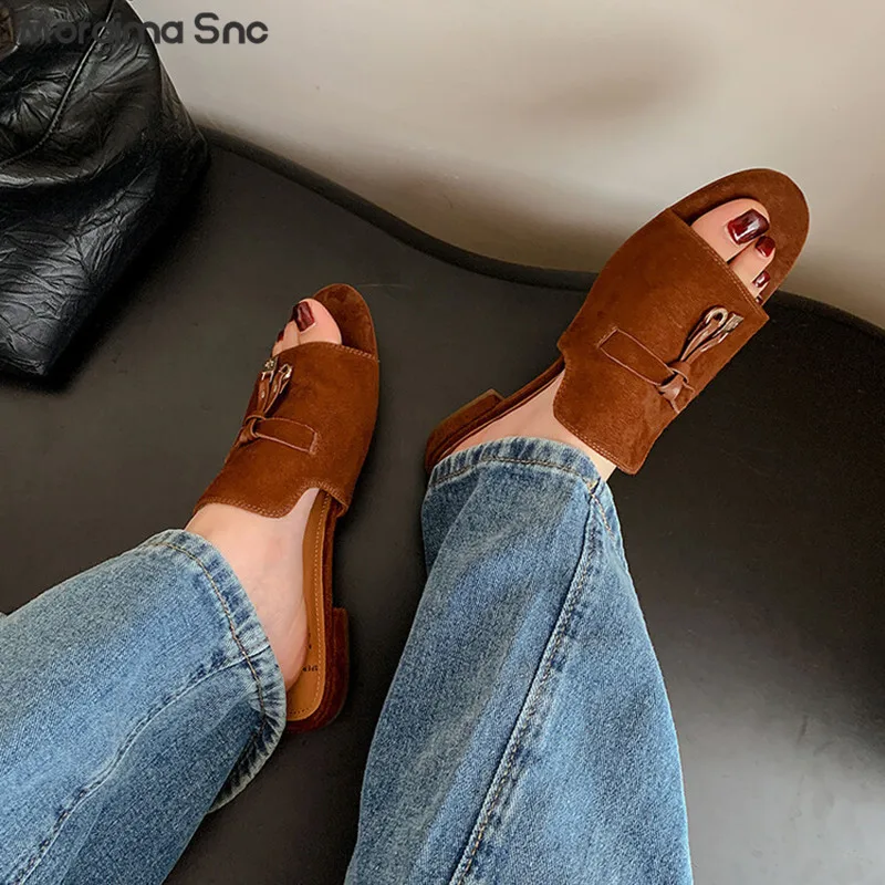 Suede Flat Wide Slippers Round Toe Flat Heel Slippers Solid Color Inside and Outside Full Leather Open Toe Women's Sandals
