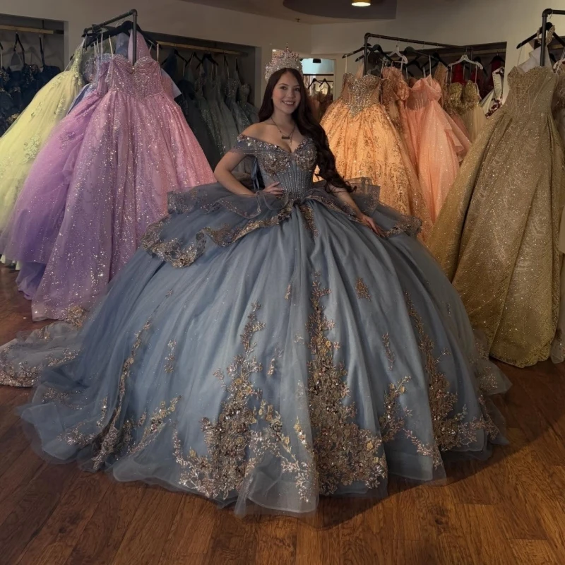 

Navy Blue Shiny Ball Gown Quinceanera Dresses 2026 Gold Applique Lace Beading Crystal Bow Corset Tull Off Shoulder Sweet 16 Dres