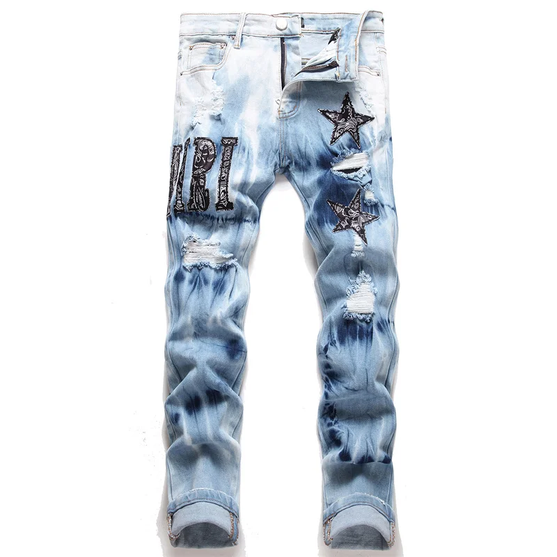 

Light Blue Tie Dyed Letter Star Embroidery Broken Hole Jeans Cotton Stretch Versatile Fashion Brand Men's Skinny Denim Pants