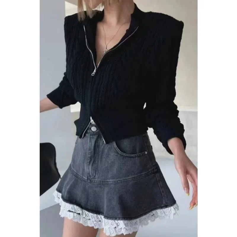 جديد بلون مكتب عارضة أعلى تريكو الخريف المرأة أزياء طاقم الرقبة طويلة الأكمام محبوك سستة سترة #5