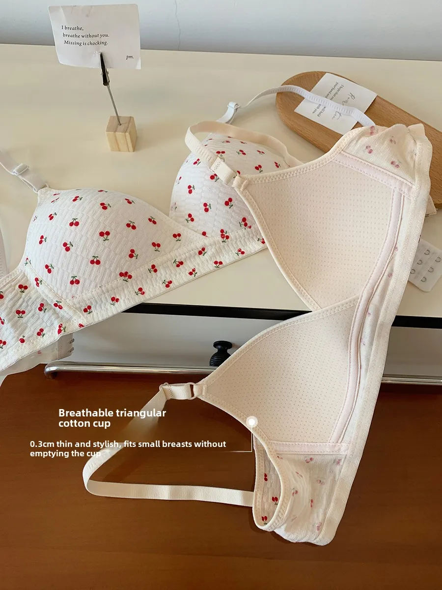 MOYISU Desire Korean Version of Sweet Cherry Print Breathable Triangle Cup Underwear Women\'s Thin Comfortable Anti-sag Small Bra