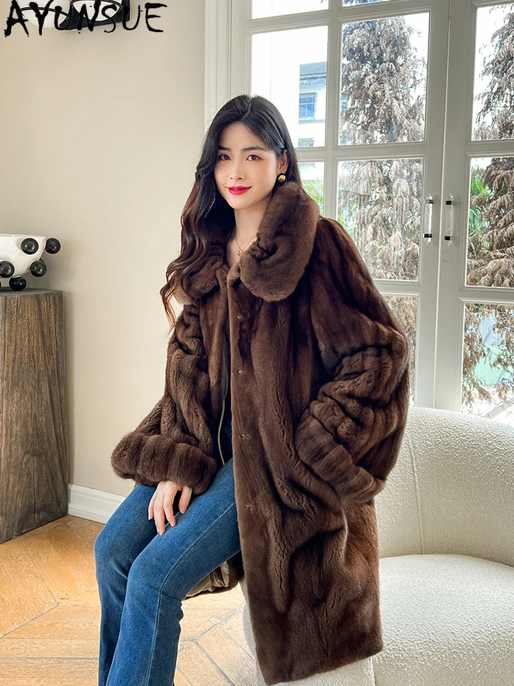 AYUNSUE 2025 ナチュラルミンクファーコート女性カボチャスリーブエレガントなリアルファーコート女性服高品質全体ミンク Шуба Женская