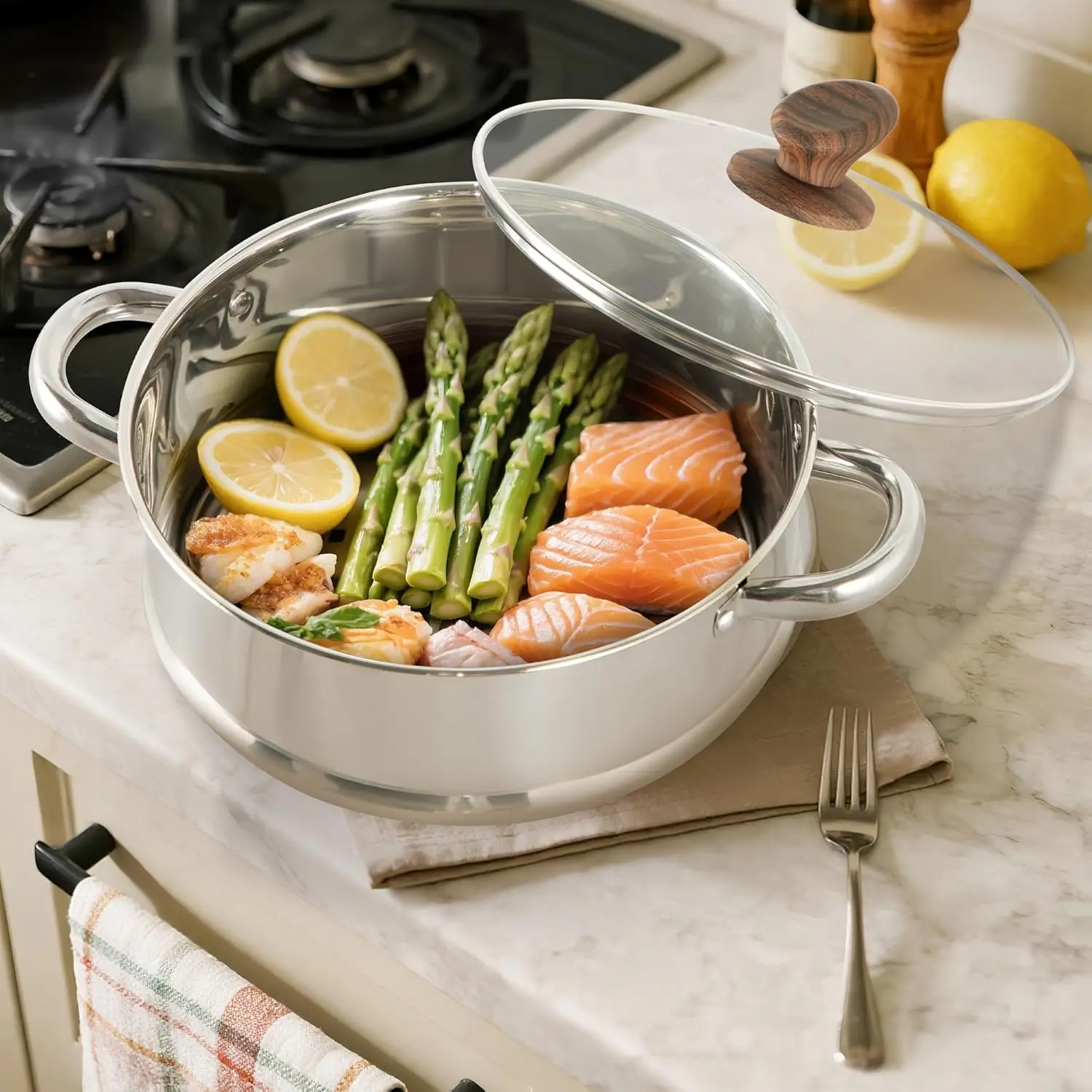 طقم أواني ومقالي مكون من 17 قطعة غير لاصقة، أطقم أواني طهي المطبخ مع طلاء حجر جرانيت غير لاصق، مناسبة لأسطح المطابخ التعريفي