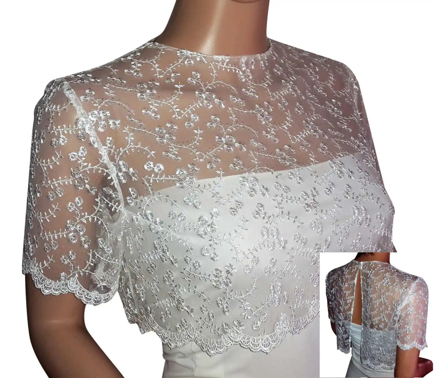 Simple Appliques Lace O Neck Shawl Jacket Short Sleeve Bride Jackets For Strapless Bridal Dress  Accessories Customized