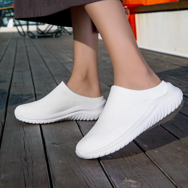 Women's Slip-on Shoes Casual Sports Loafers Flat Breathable Half-insole Shoes Knitted Thick-soled Women's Shoes - Detail 1