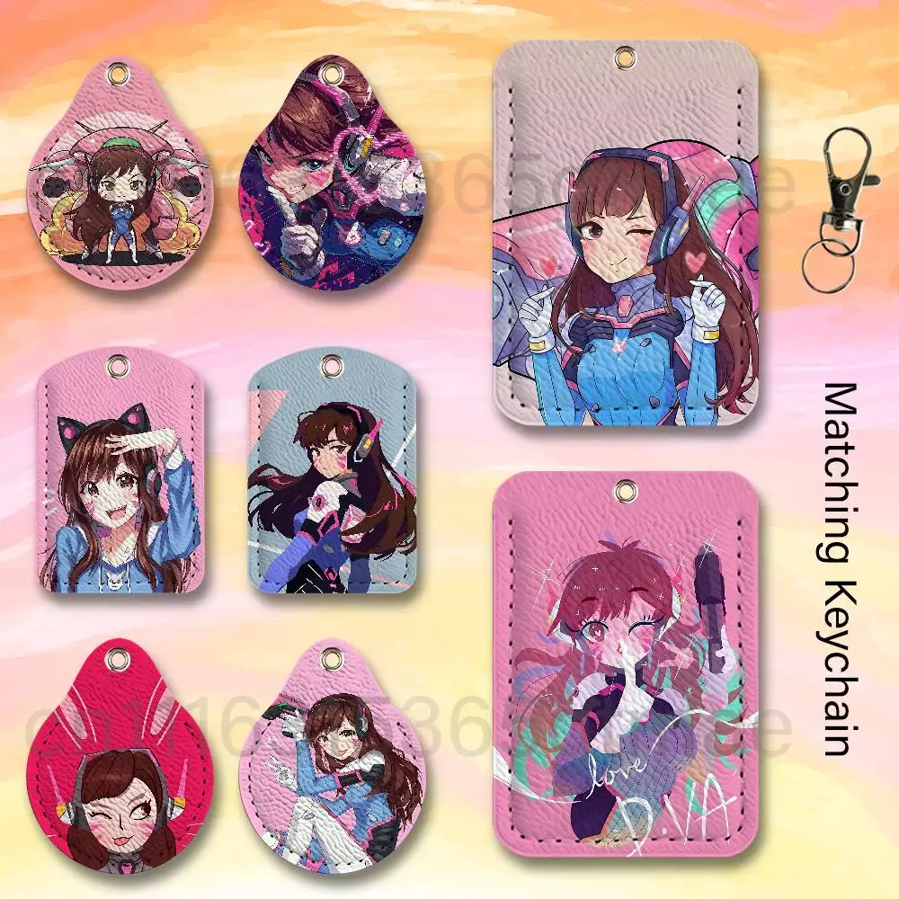 O-Overwatch Cute D-D.Va Leather Card Holder with Exquisite Keychain purpose Case for Air Tag Metro ID Access Control Card