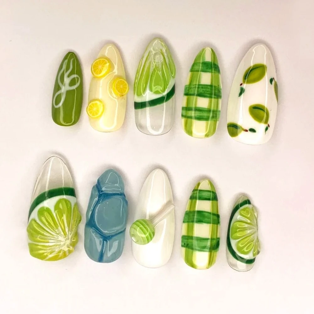 2024 New Cute 3D Medium Almond 10Pcs Handmade Manicure Fake Nails Press On Nails Fruits Design with Adhesive Nail File Set