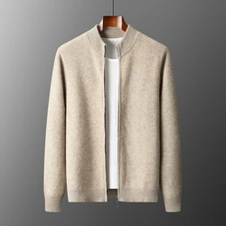 100% Merino Wool Men's Warm Sweater Mock Collar Thickened Zippered Cardigan Autumn Winter New Cashmere Knitted Long Sleeve Tops