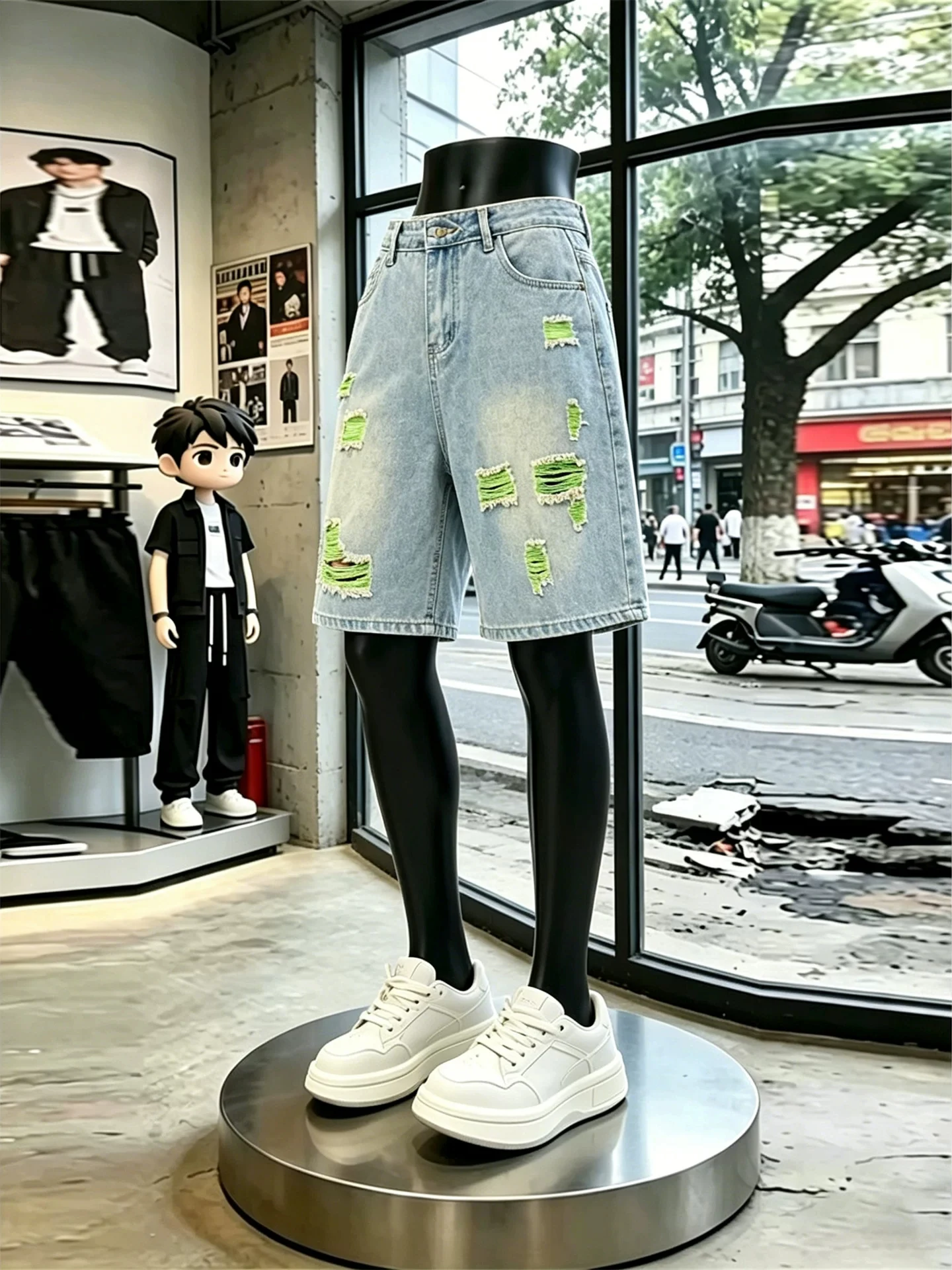 Green Denim Men's Short Pants Summer American Street Style Five-Point Pants Design Sense  Pants Loose Fit Water Washed