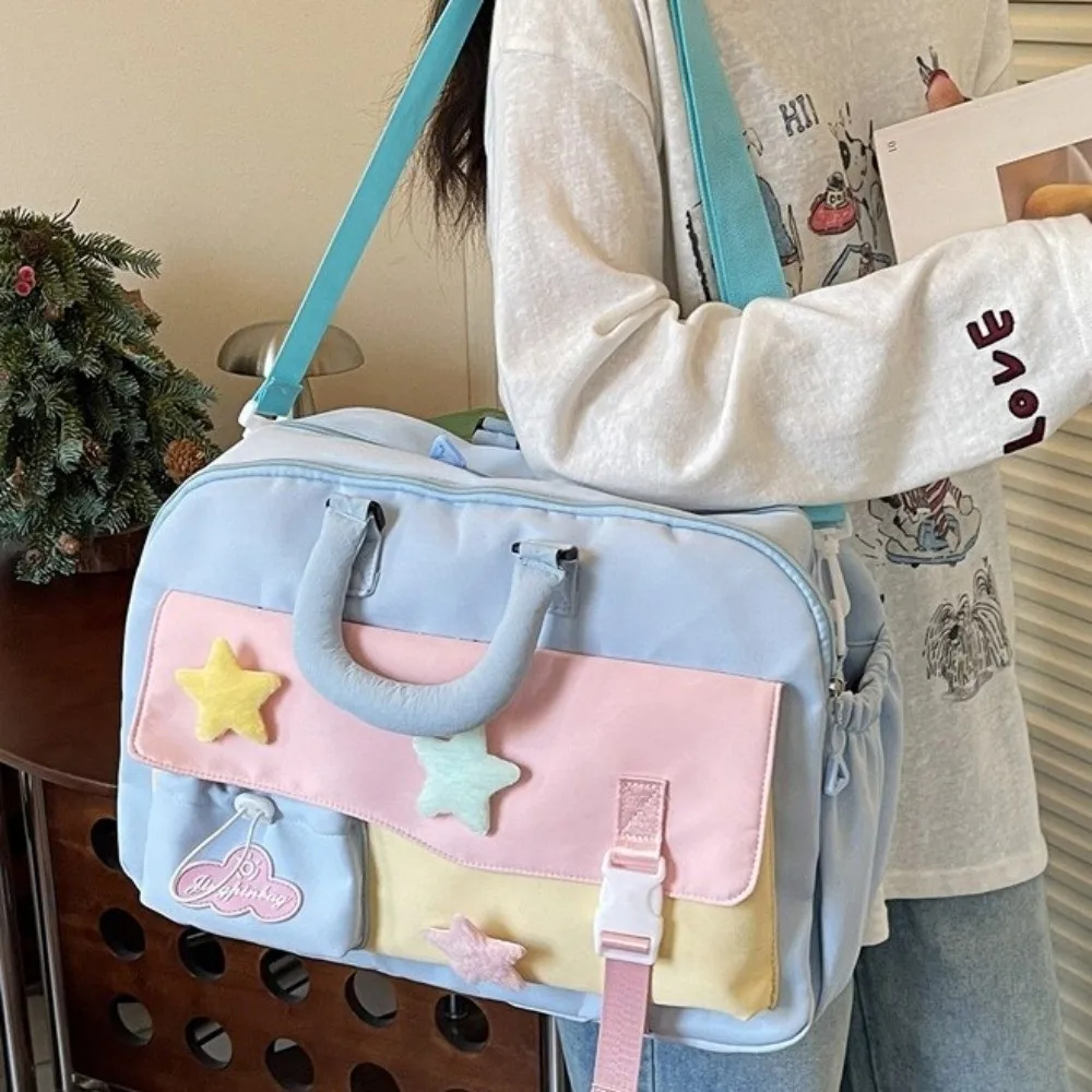 Girly Style Large Capacity Macaron Color Travel Duffle Bag Star Multi-pocket Crossbody Bag Portable Polyester Handbag Short Trip