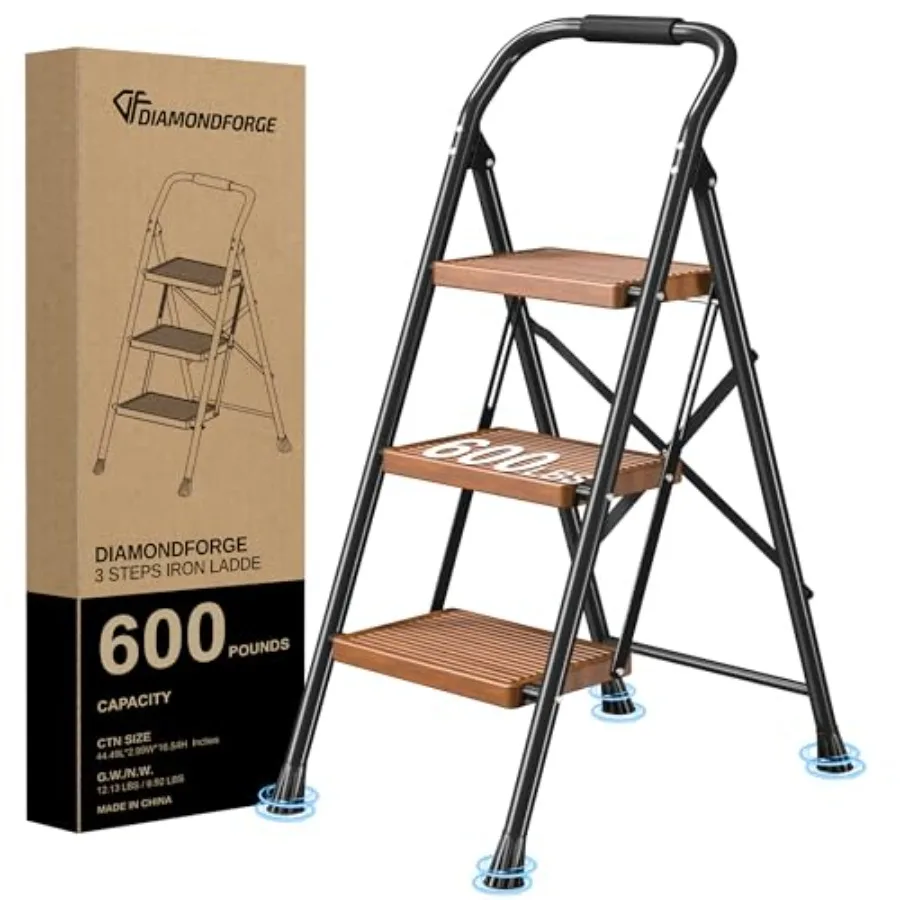 

Step Ladder Foldable Folding Stool - for Home Adults Kitchen 3 Stepping Extension Tall Heavy Duty with Handrails - Closet Steps