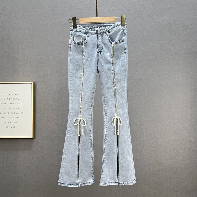 

High Waist Slim Fit Diamond Embellied Split Denim Jeans Women's Faion Summer New Arrival Cotton Stretch Nine-Piece Pants