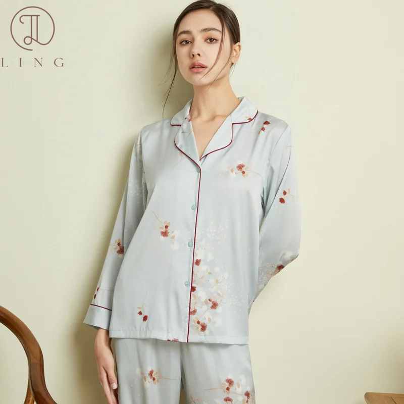 Ling Light Blue Summer New Women's Pajamas Sets Turn Down Collar Sleepwear Long Sleeve Nightwear Pyjamas for Women 2 Pcs