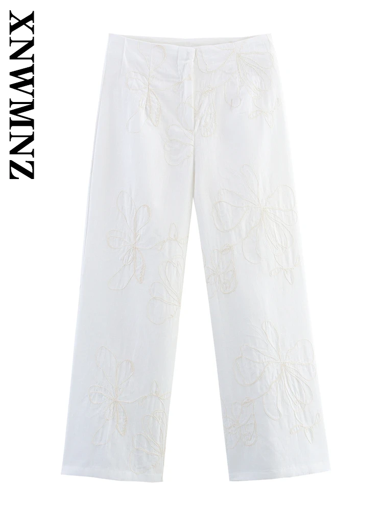 

XNWMNZ 2025 весенние новые женские простые модные длинные брюки с вышивкой, повседневная женская одежда, белые широкие брюки для поездок на работу с высокой талией