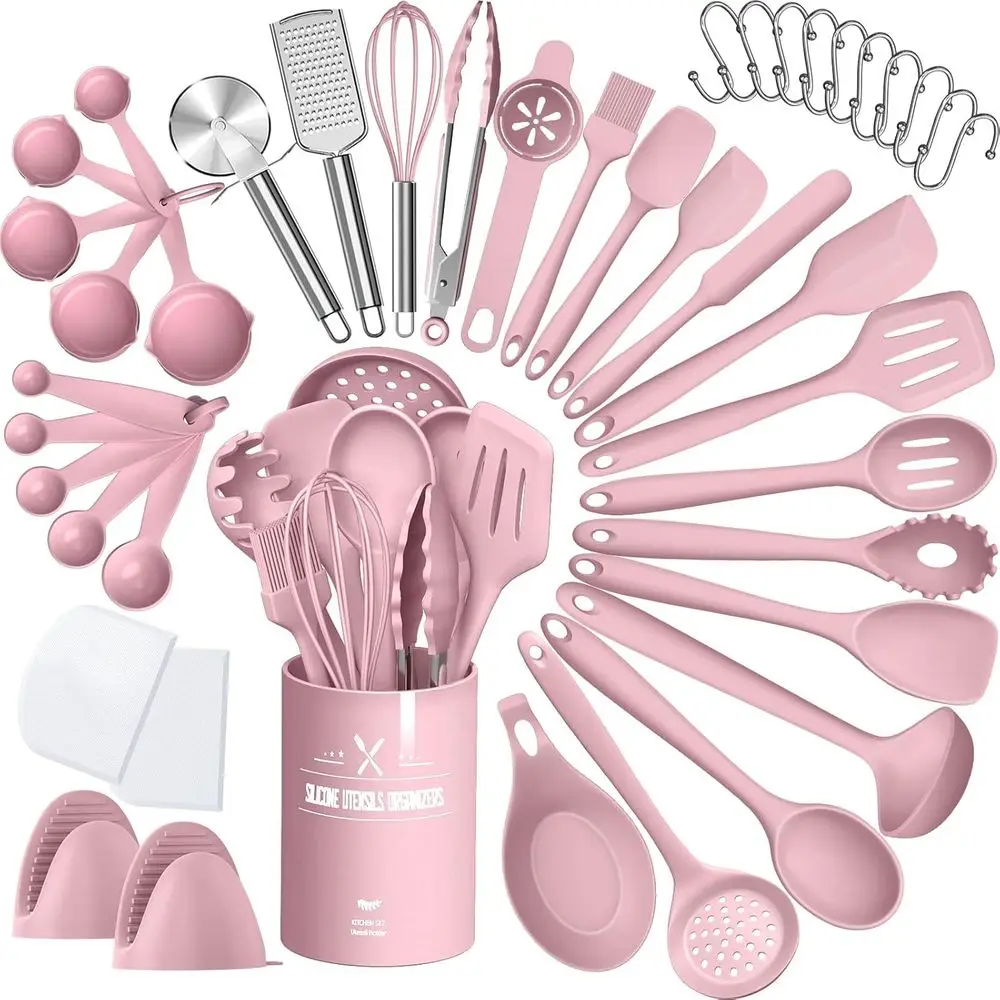 

Silicone Cooking Kitchen Utensil Set, 43 Pcs Pink Cooking Utensils Set, Turner, Tongs, Spoon, Spatula, Kitchen Gadgets Tools Set