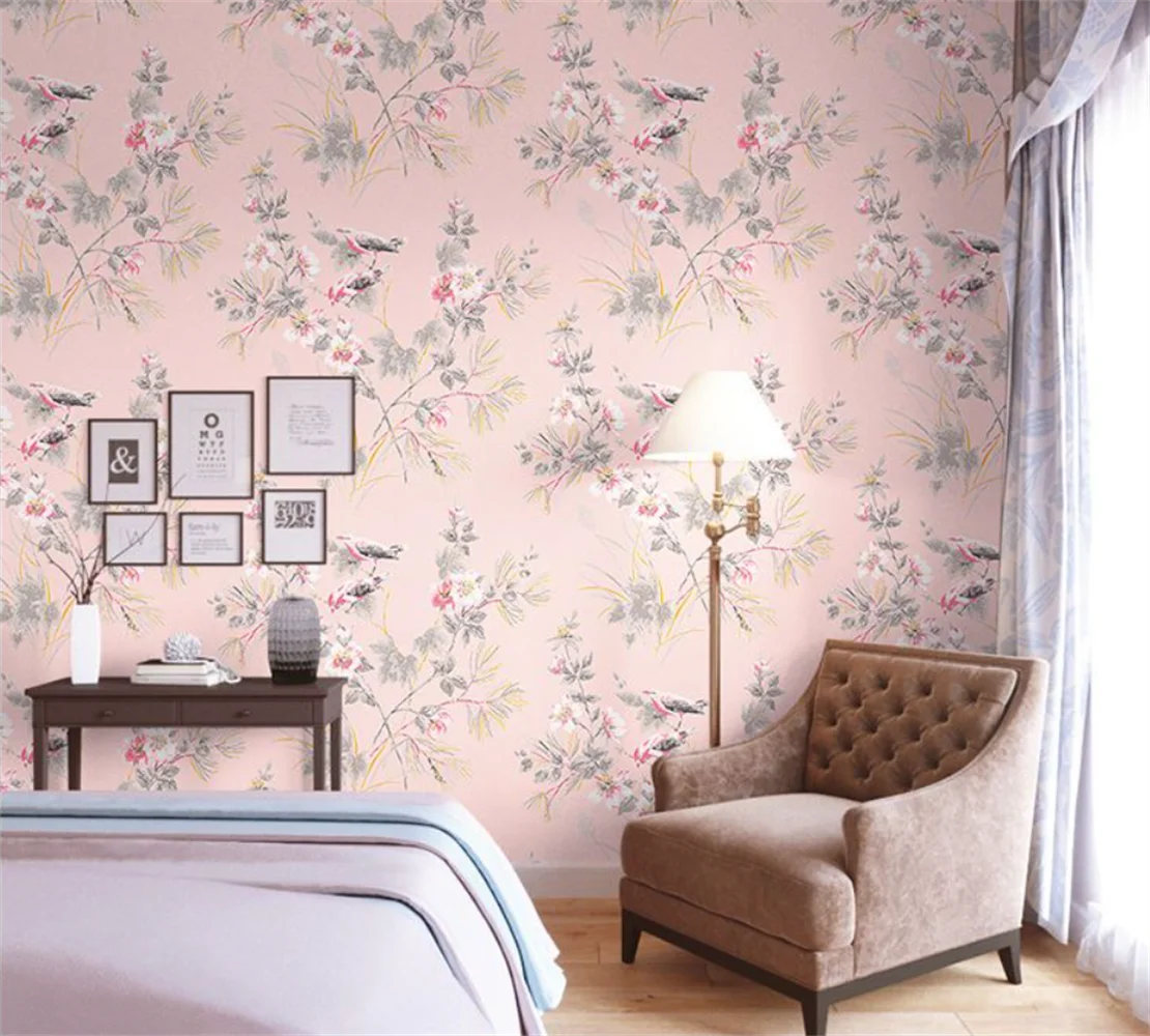 american-countryside-pink-countryside-flower-and-bird-wallpaper-non-woven-fabric-bedroom-living-room-tv-background-wall-paper