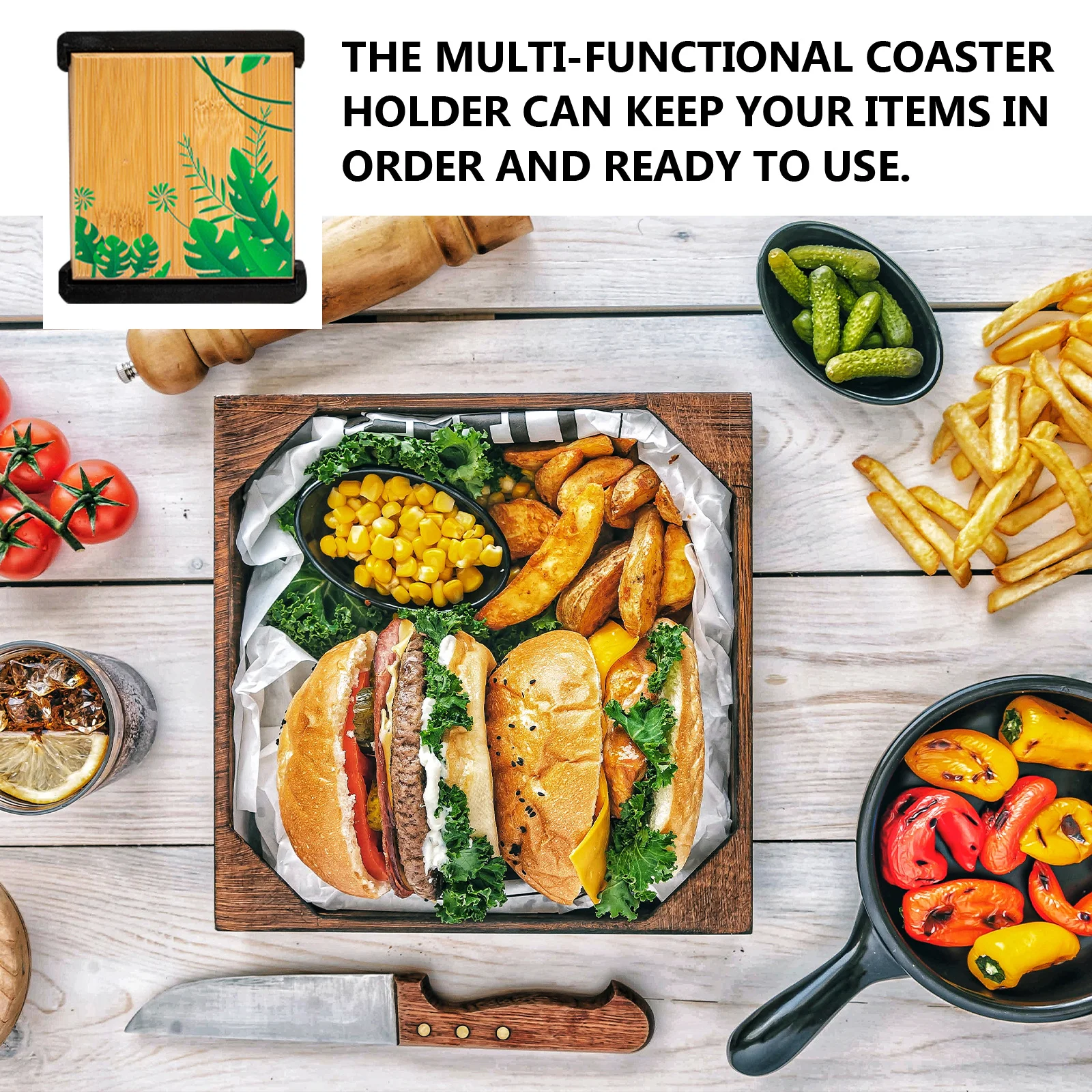 

Wooden Coaster Rack Natural Material Space Saving Organizer Multi Function Cup Mat Holder for Coffee Tea