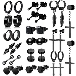 Black Punk Stainless Steel Women Men Hoop Earrings Small Trendy Round Cross Pendants Jewelry Accessories Earrings