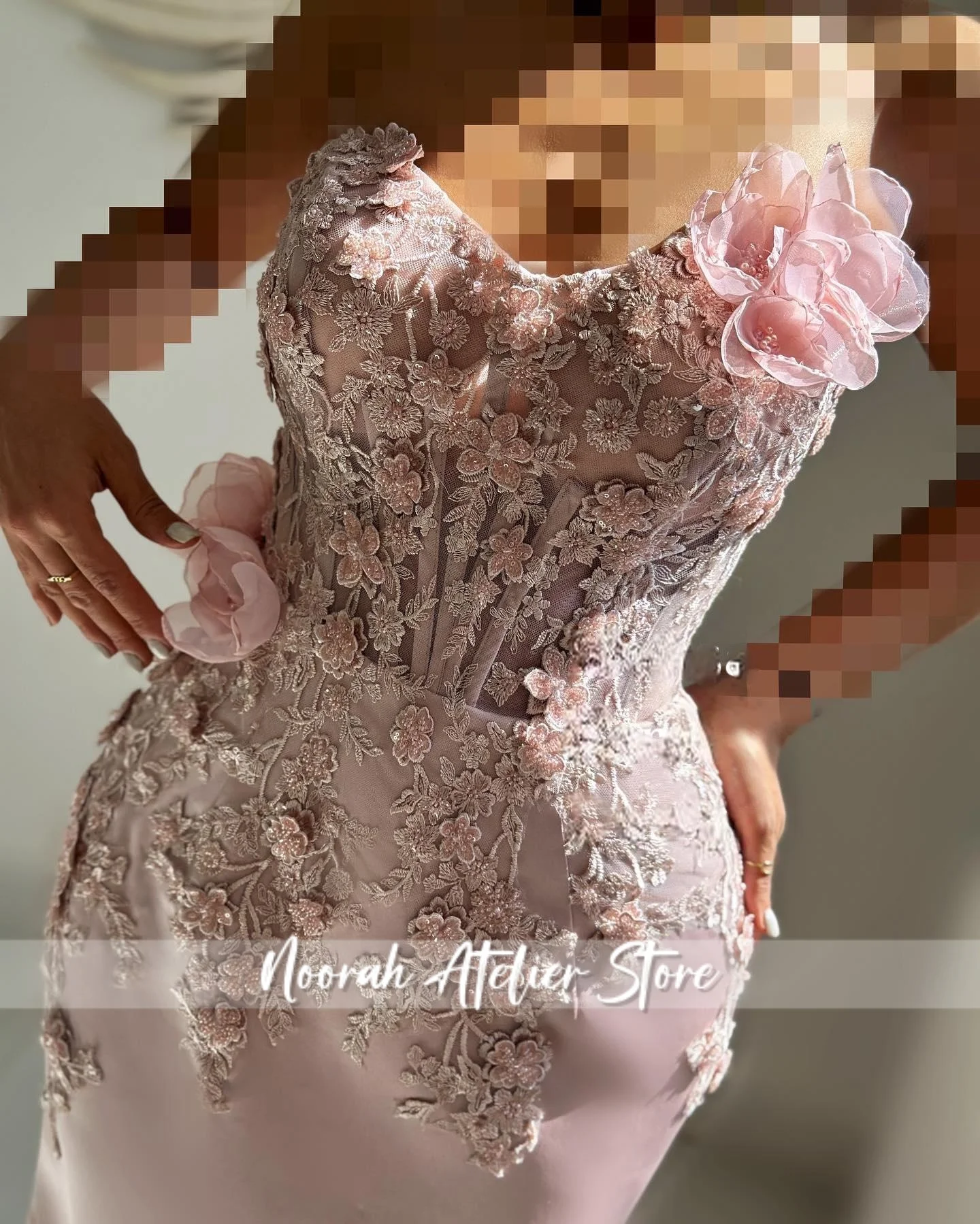 Rose 3D Appliques Sirène Arabie Saoudite Dubaï Femmes Manches Robes De Bal Robes De Bal Formelles avec Perles Longue Robe De Soirée