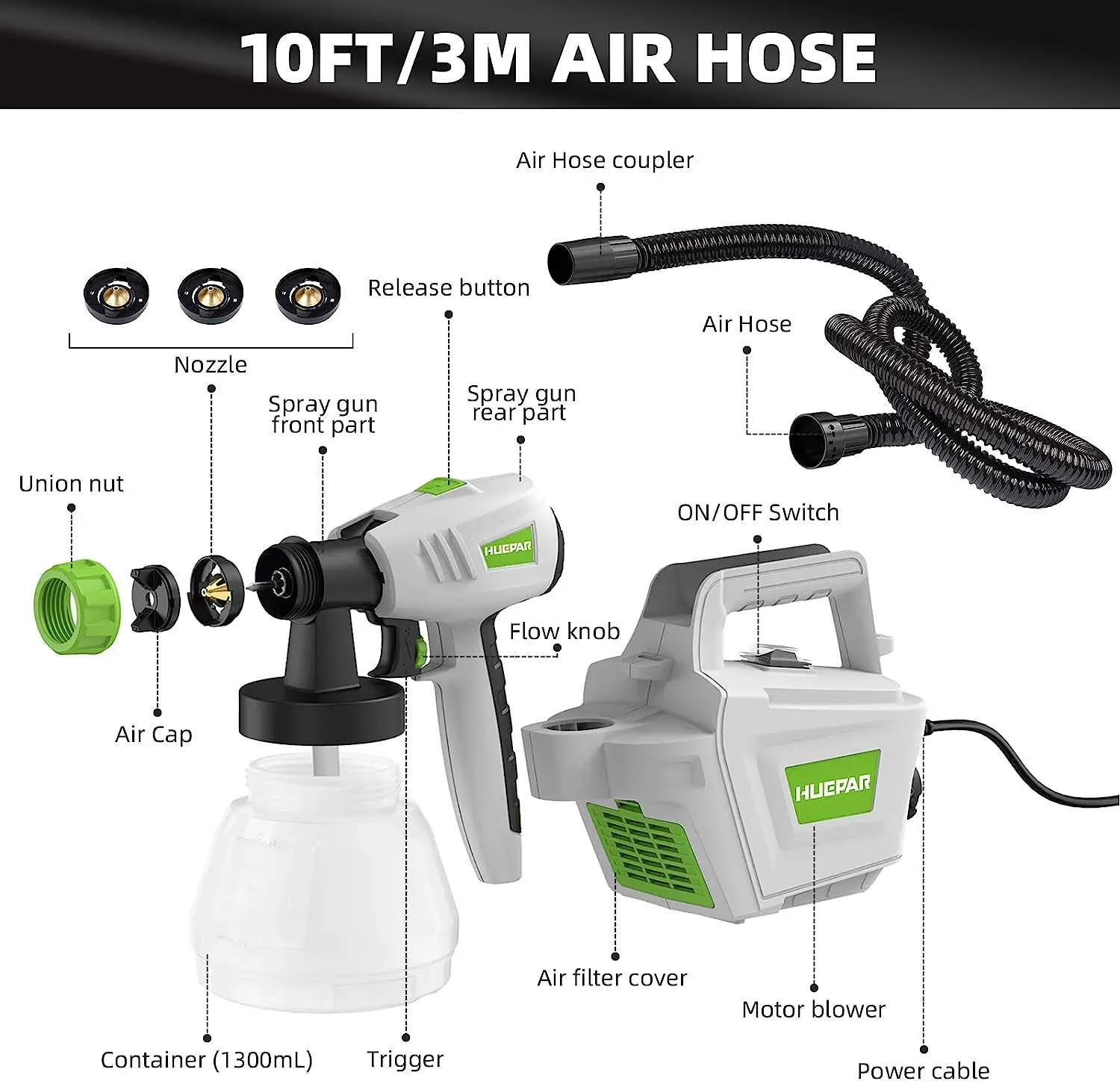 800W Power Electric Paint Sprayer Home&Outdoors Spray Gun with 1300ML Detachable Tank Max 1200ml/min 3m Hose(detachable)