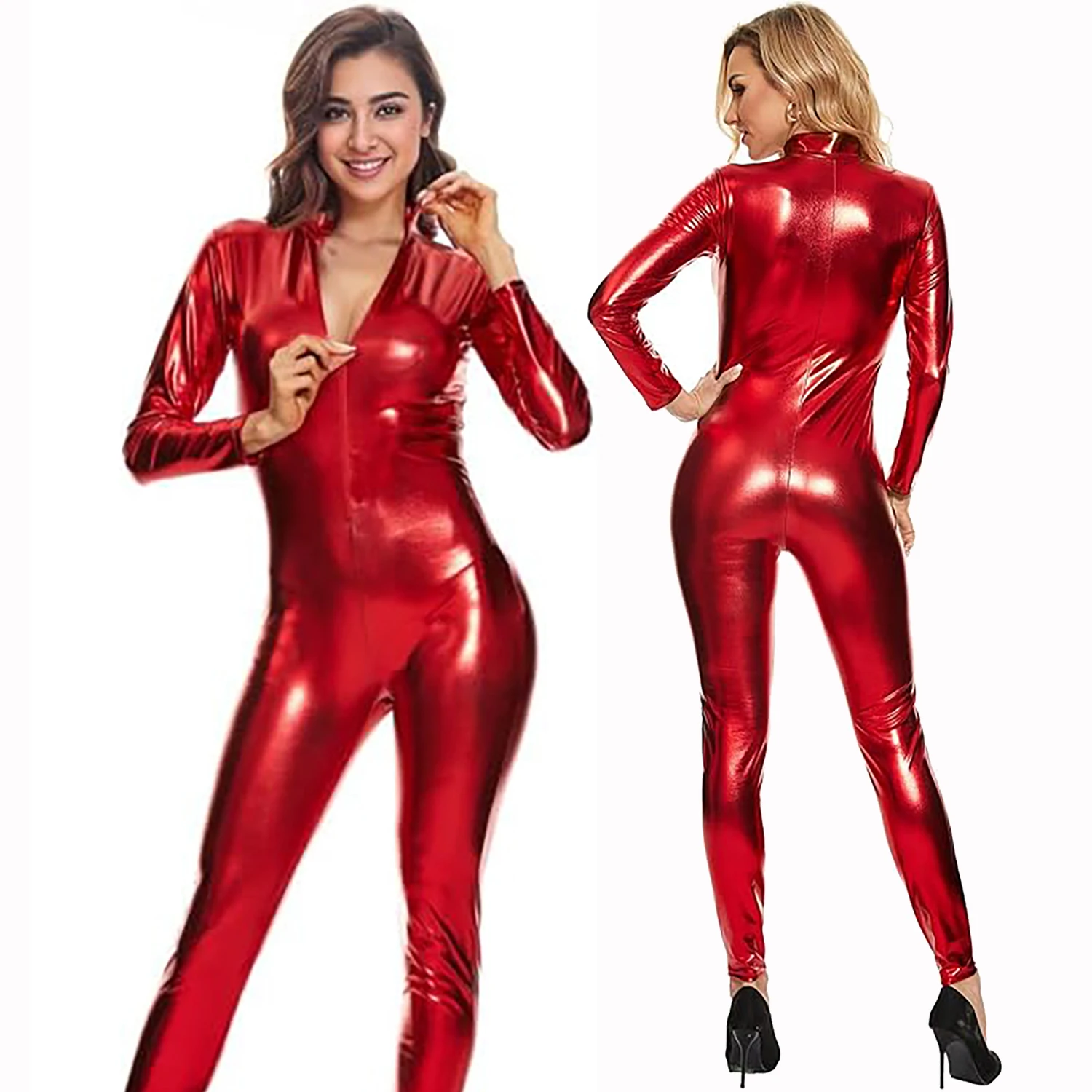 SPEERISE 女性シャイニーメタリックユニタードタートルネック長袖キャットスーツボディスーツフットレス全身タイツスーツコスプレホロウィンコスチューム
