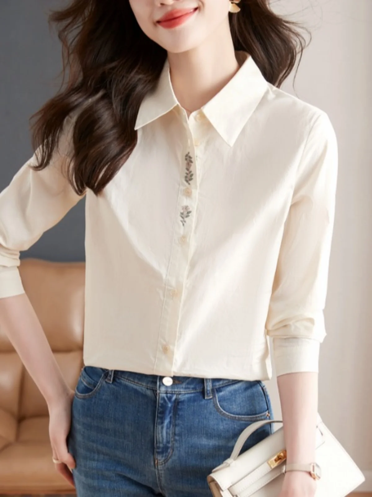 

Spring Autumn Winter New Korean Sle Pure Cotton Long Sve Women's irt Floral Embroidery Design Belly Covering Top