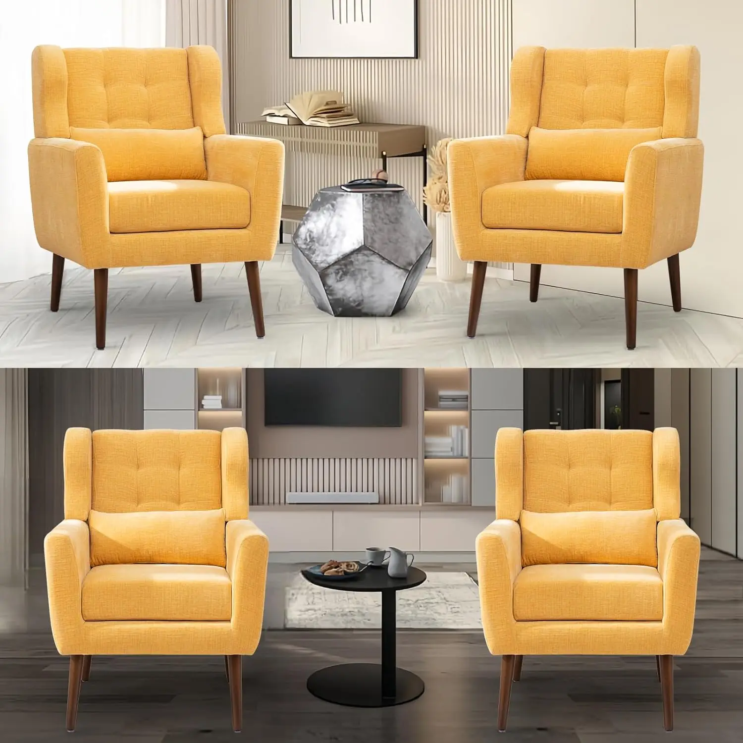 Accent fauteuils set van 2 voor woonkamer Chenille gestoffeerde moderne fauteuil slaapkamer massief houten poot geel