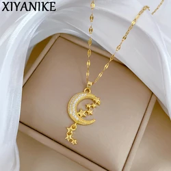 XIYANIKE 316L Stainless Steel Zircon Moon Star Tassels Pendant Necklace For Women Niche Temperament Clavicle Chain Party Gifts