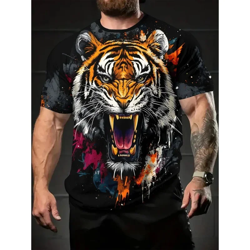 3D-gedrucktes T-Shirt mit brüllendem Tiger für Herren, Wildtier-Grafik, Kurzarm-T-Shirt, Sommer, Casual, Street-Style, Rundhalsausschnitt