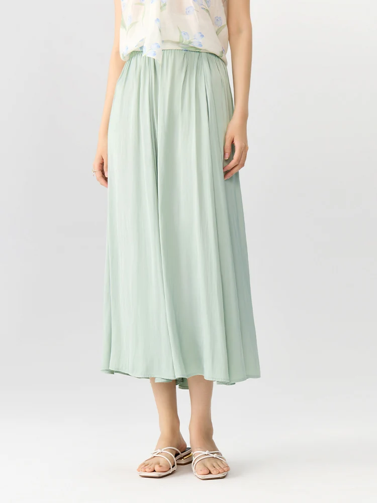 DUSHU【2 Colors】Women Beige Long A-LINE Skirts High Waist Elastic Waist Twill Blue Green Female Summer Polyester Skirts 24DS82829