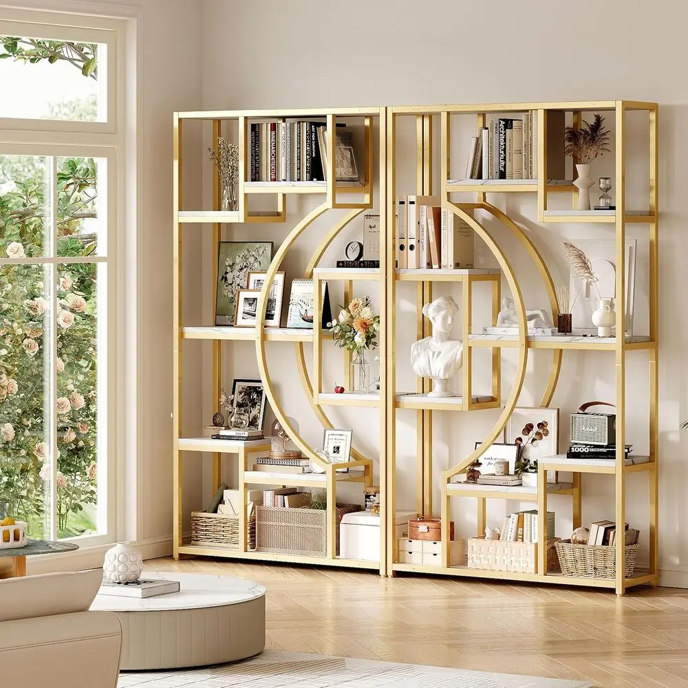 

79 W Marble-Look White Gold Bookshelf, Geometric Half-Moon Design, Open Storage for Living Spaces and Home Offices