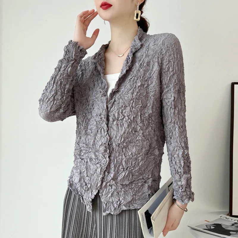 Ruffled Thin Elegant Jacket Women Bouncy 2026 Spring Autumn New Season Versatile Single-Breasted Simple Loose Solid Color Top
