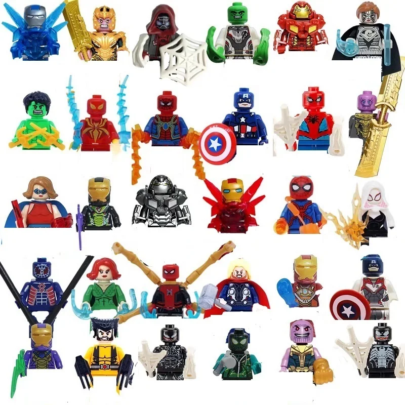 Juego de 30 piezas, personajes de anime de superhéroes de Marvel, Spider Man, Hulk, Iron Man, Thanos, mini bloques de ensamblaje, juguete de regalo para niños