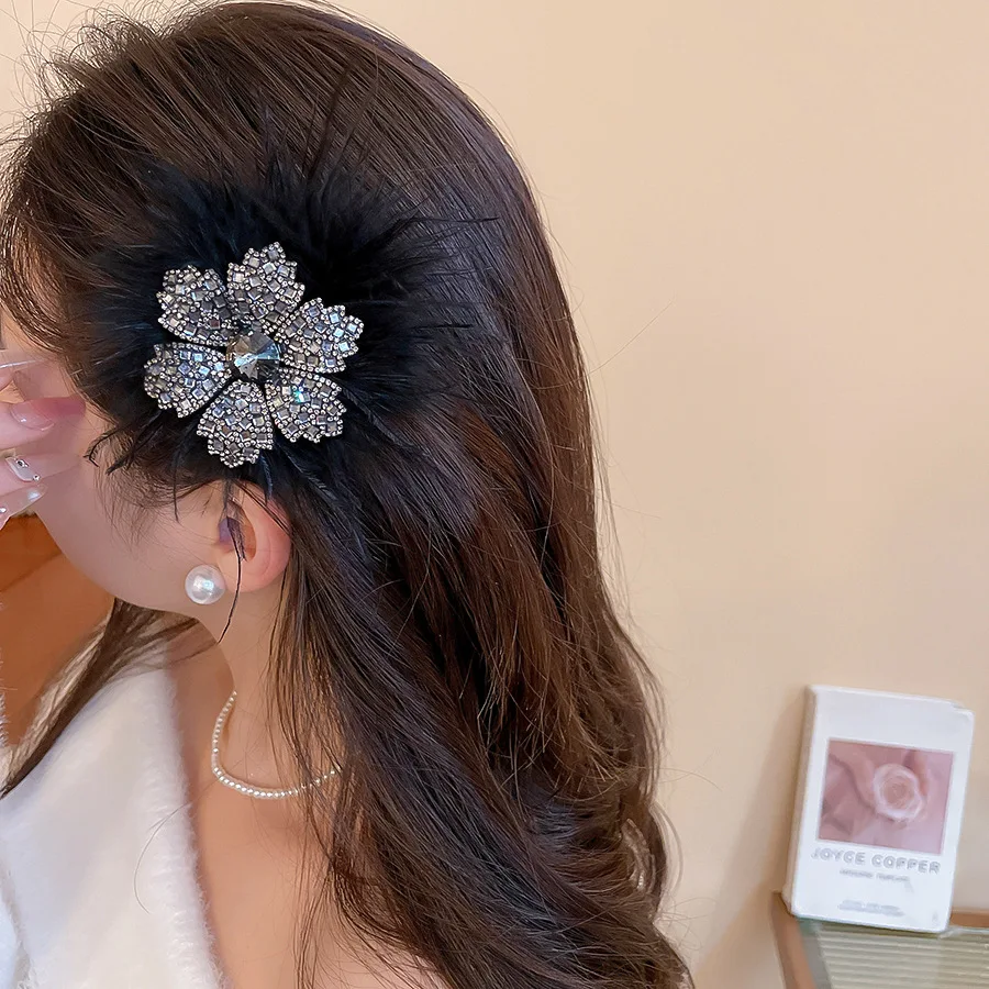 2Pcs Set Funkelnden Diamant Blume Feder Haar Zubehör Set Haar Hoop + Grip Clip frauen Bankett Stil pan Haar Zubehör – Detail 13