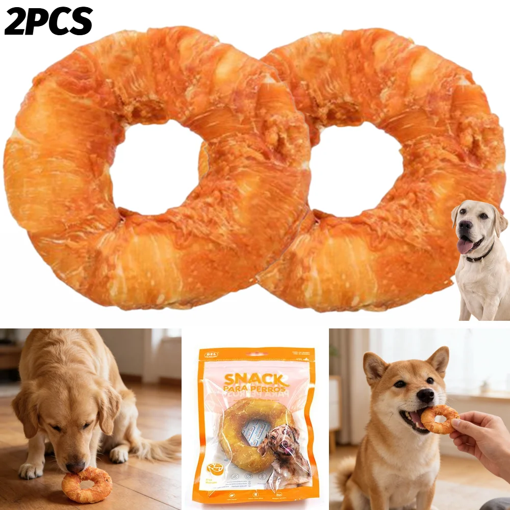 2 uds. de golosinas para perros de larga duración, masticables de piel cruda para perros, donuts de piel cruda envueltos en pollo, bocadillos masticables para perros medianos y grandes (9 cm)
