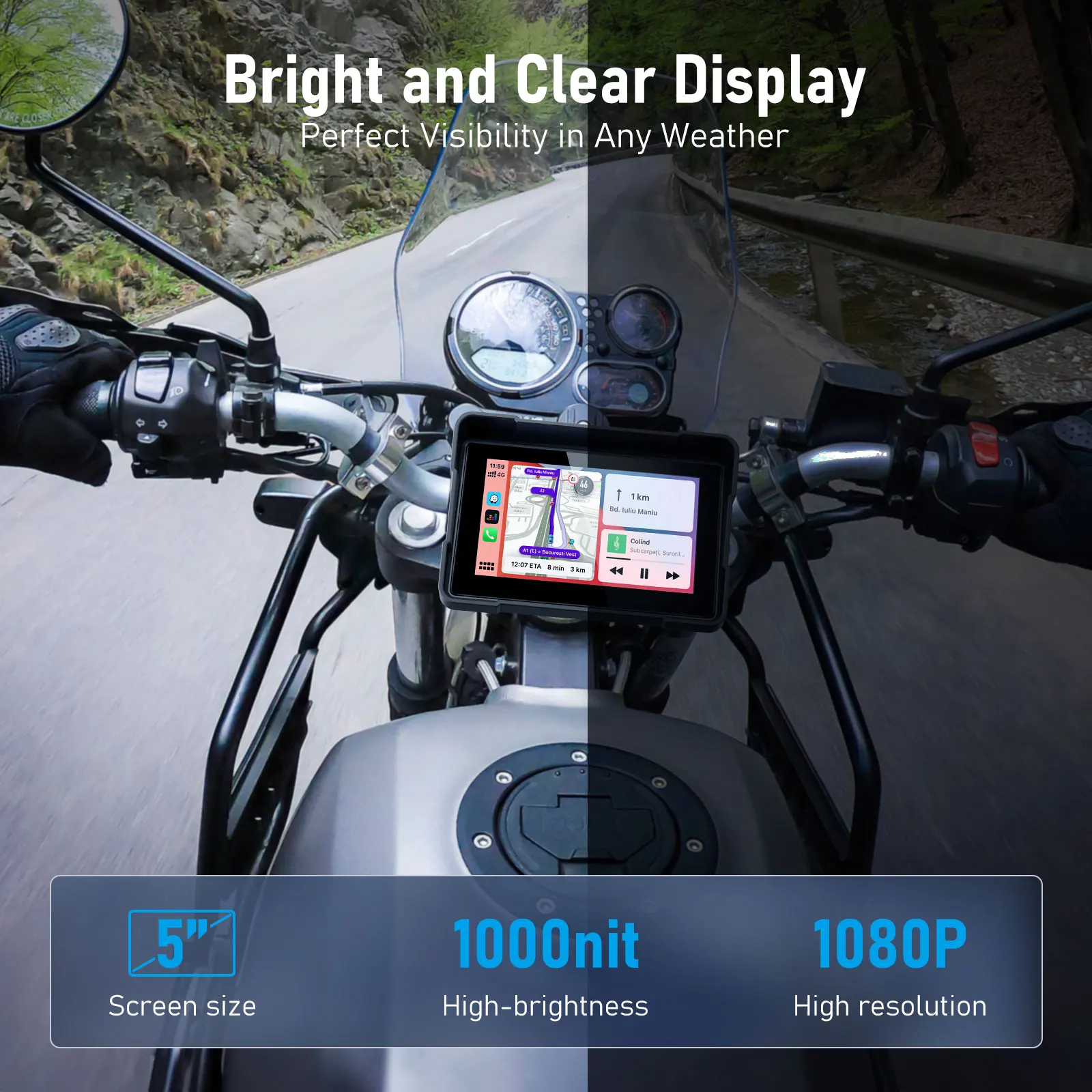 옵션 DVR, 무선 CarPlay 및 Android Auto, 휴대용 내비게이션 디스플레이를 갖춘 Lemorele 5인치 오토바이 GPS 화면