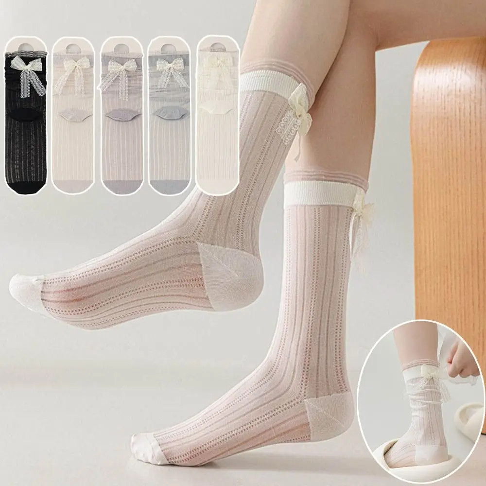 

3Pairs Soft Ruffle Mesh Bowknot Socks Breathable Ballet Style Mid Tube Socks Lolita Female Hosiery Sweet Socks Women Girl