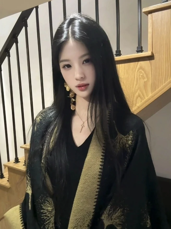 

Ele Korean Sle Long Sve V-Ne Dr And awl Two-Piece Set Comfortable Cotton Inner Midi Skirt Autumn Wear