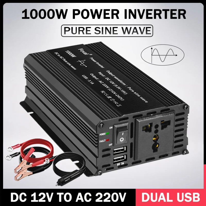 Pure Sine Wave DC 12V To AC 220V 50Hz/60Hz 1000W Car Power Inverter Transformer Converter With 3.1A Dual USB Universal/EU Socket