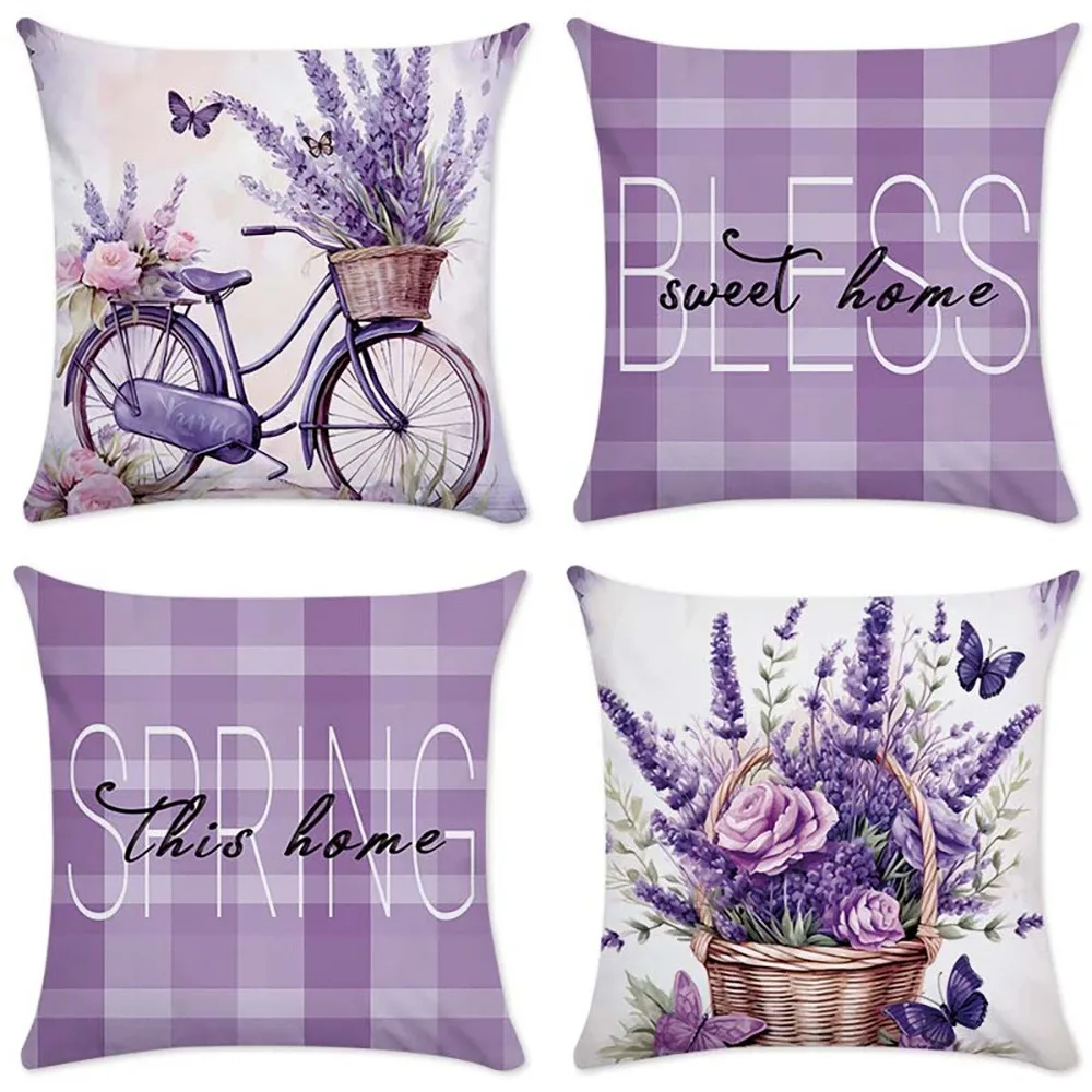 Lilac Check Lavender Pattern Home Decor Pillowcase Living Room Sofa Polyester Cushion Cover with Zipper