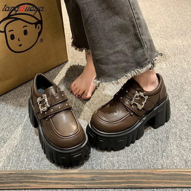 Punk Metal buckle Shoes Woman 2024 New Platform lolita shoes British Style Vintage brown Leather High Heels Woman Casual Loafers