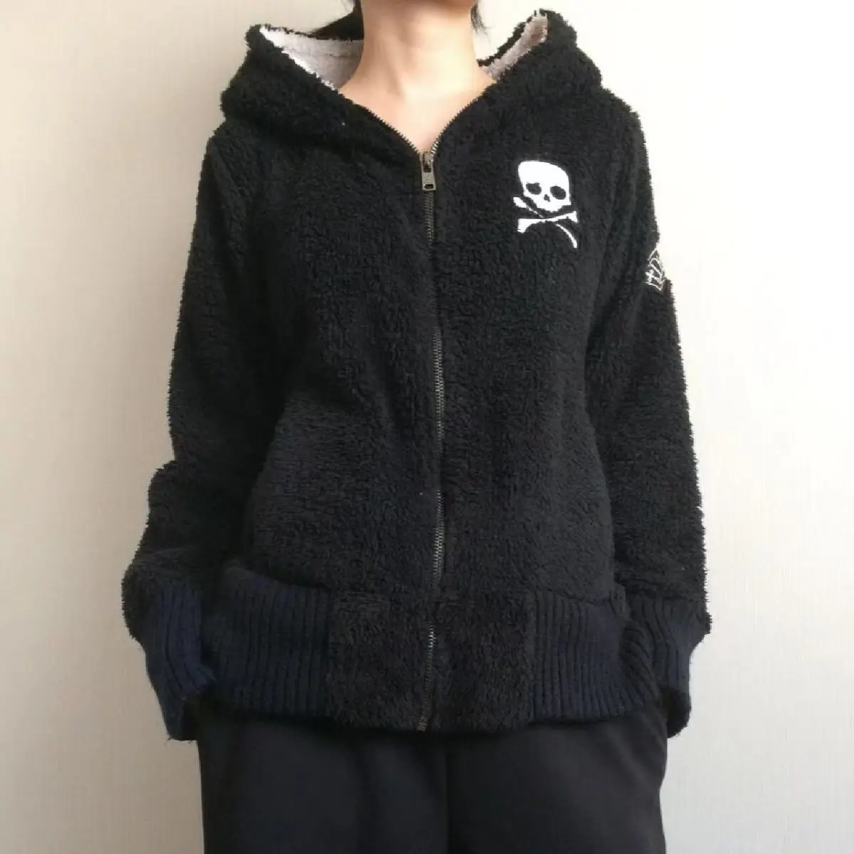 Y2k Lamb Wool Jackets Women Gothic Hoodies Cross Skull Grunge Zipper Sweatshirts Vintage Casual Hooded Coats Haraiuku Streetwear