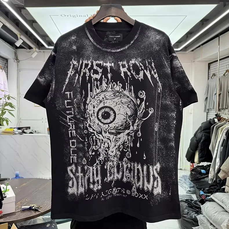 

FIRST ROW T-Shirts American Style Hip Hop Washed Hot Drill Letters Mens Womens High Quality Street Fashion Tee
